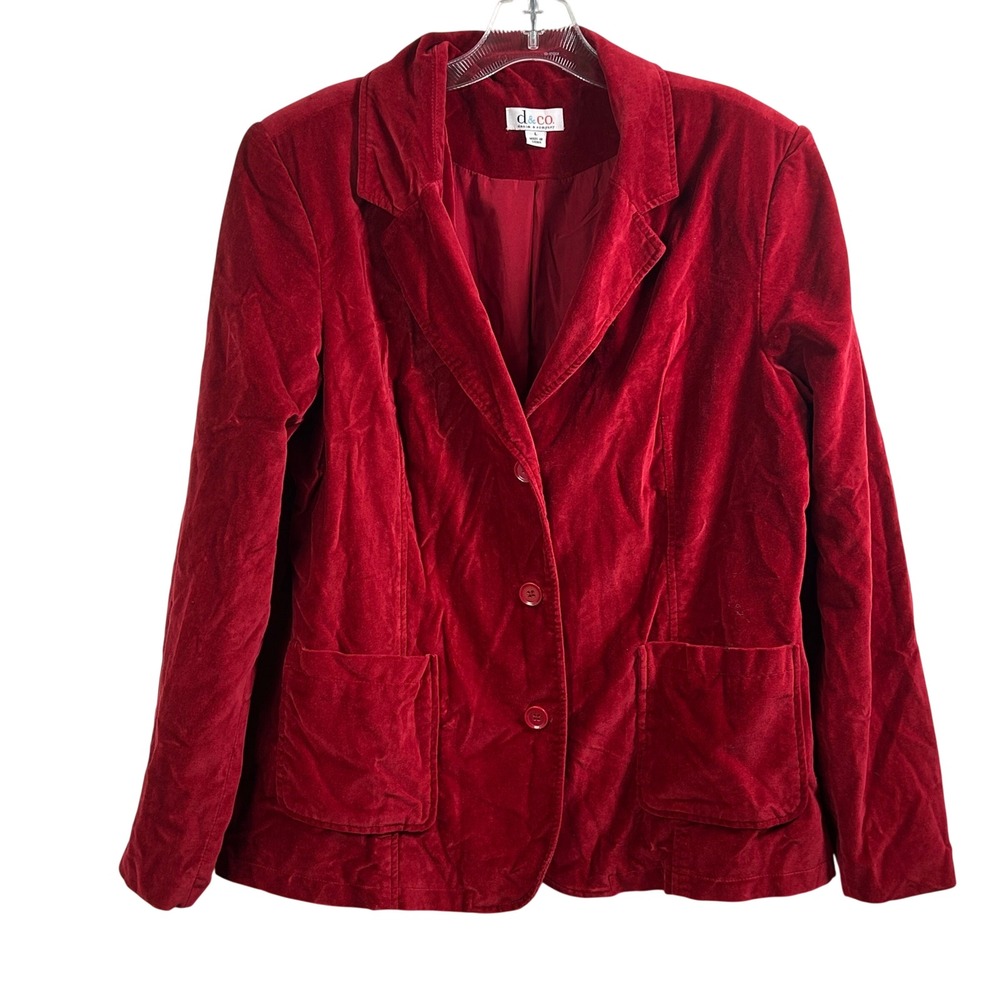 Denim & Co Womens Red Cotton Velvet Blazer Jacket Size L 3-Button Lined Pockets
